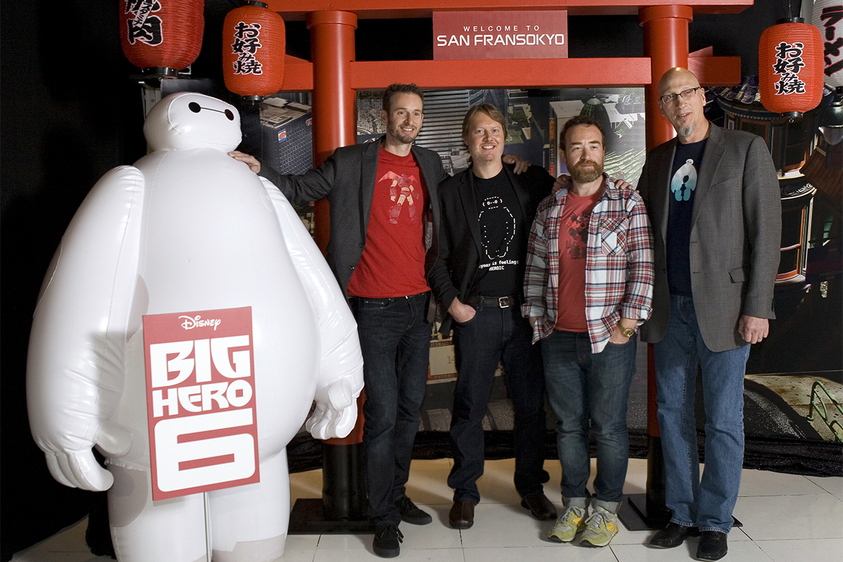 Chris Williams, Don Hall, Valentín Amador y Roy Conli en la presentación de Big Hero 6