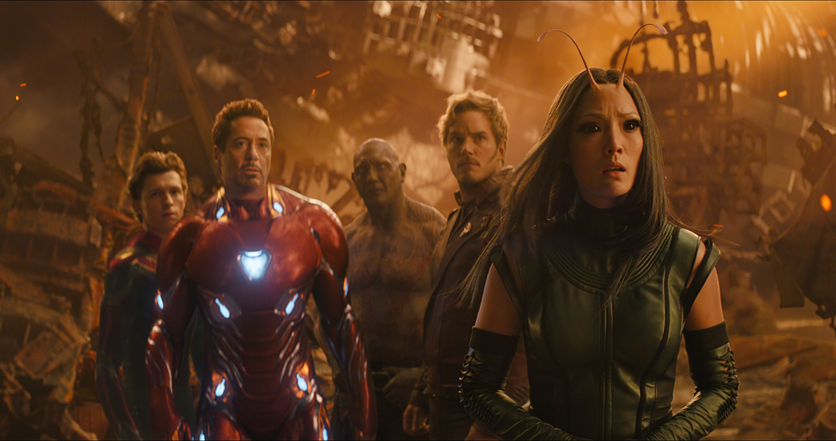 Tom Holland, Robert Downey Jr, Dave Batista, Chris Pratt y Pom Klementieff en Vengadores: Infinity War